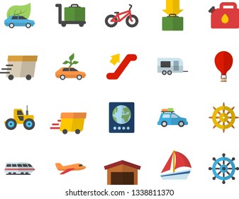 Color flat icon set tractor flat vector, canister, eco cars, warehouse, express delivery, sailboat, bicycle, aircraft fector, train, car, trailer, escalator, balloon, passport, get luggage, trolley
