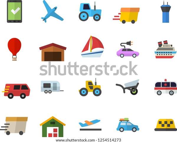 Color flat icon set tractor flat vector, garden\
wheelbarrow, electric cars, warehouse, trucking, express delivery,\
sailboat, ambulance, aircraft fector, car, trailer, airport tower,\
balloon, taxi