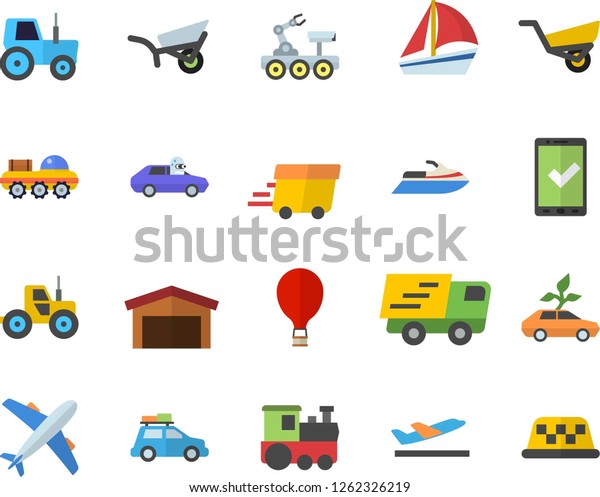 Color flat icon set tractor flat vector, garden\
wheelbarrow, eco cars, autopilot, warehouse, trucking, express\
delivery, sailboat, lunar rover, train fector, car, balloon,\
aircraft, check in, taxi
