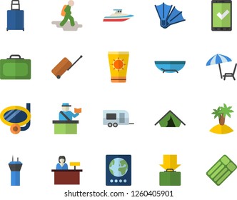 Color flat icon set trailer flat fector, airport tower, hike, luggage, suitcase, passport control, check in, tent, get, sea beach, chaise lounge, sun protection cream, island, swimming mask, yacht