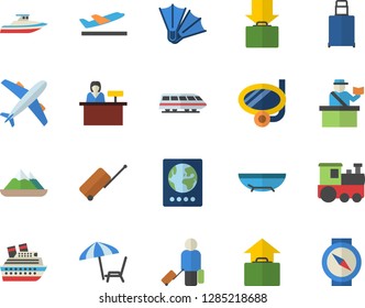 Color flat icon set train flat fector, luggage, passport control, aircraft, departure, get, hand, sea beach, chaise lounge, swimming mask, flippers, reception desk, cruise ship, yacht, mountains