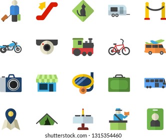 Color flat icon set train flat fector, trailer, bus, VIP area, escalator, motorcycle, bicycle, luggage, suitcase, passport control, tent, swimming mask, romantic dinner, camera, transfer, location