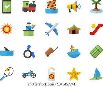 Color flat icon set train flat  , escalator, motorcycle, luggage, passport control, aircraft, check in, tent, sun, island, surfing, starfish, aquapark, tennis, mouthpiece, shark, do not disturb