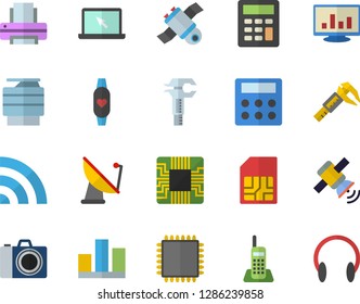 Color flat icon set trammel flat vector, satellite antenna, motherboard, SIM card, computer chart, statistic, calculator, telephone, printer, copy machine, laptop, satellit, cpu, fitness bracelet