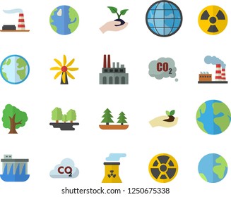 Color flat icon set tree flat vector, seedlings, windmill, earth, factory, forest, hydroelectric power station, plant, radiation, carbon dioxide, nuclear, fector
