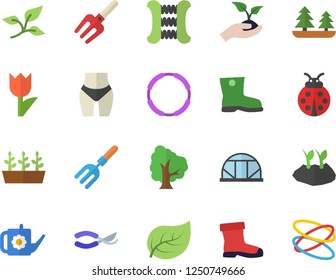 Color flat icon set tree flat vector, ladybird, pitchfork, secateurs, seedlings, watering can, planting plants, gumboots, tulip, greenhouse, leaf, forest, waistline, carpal expander, hoop