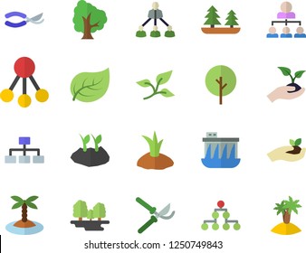 Color flat icon set tree flat vector, secateurs, seedlings, planting plants, leaf, forest, hydroelectric power station, hierarchy, classification, island fector