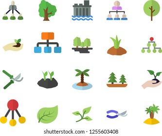 Color flat icon set tree flat vector, secateurs, seedlings, planting plants, leaf, forest, hydroelectric power station, hierarchy, classification, island fector