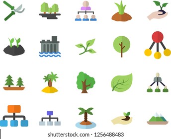 Color flat icon set tree flat vector, secateurs, seedlings, planting plants, leaf, forest, hydroelectric power station, hierarchy, classification, island fector, mountains