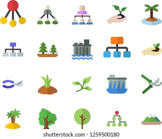 Color flat icon set tree flat vector, secateurs, seedlings, planting plants, leaf, forest, hydroelectric power station, hierarchy, classification, island fector, mountains