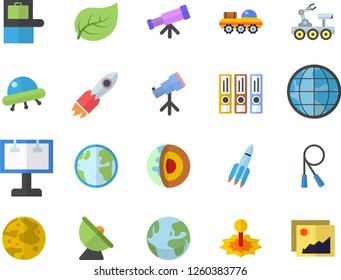 Color flat icon set tree leaf flat vector, earth, satellite antenna, laser, billboard, rocket, moon, lunar rover, ufo, telescope, folders for papers, core of the fector, skipping rope, baggage claim