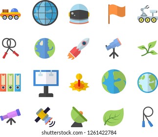 Color flat icon set tree leaf flat vector, earth, satellite antenna, laser, billboard, rocket, flag, satellit, lunar rover, telescope, folders for papers, astronaut helmet fector, skipping rope