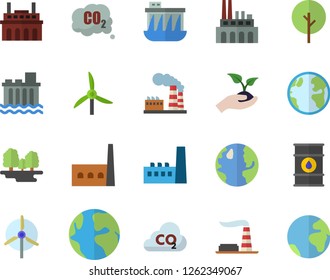 Color flat icon set tree flat vector, seedlings, windmill, earth, factory, oil tanks, forest, hydroelectric power station, manufactory, plant, carbon dioxide, fector