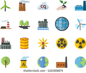 Color flat icon set tree flat vector, seedlings, windmill, earth, factory, oil tanks, forest, hydroelectric power station, manufactory, plant, radiation, carbon dioxide, nuclear, fector