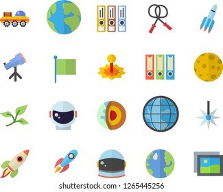 Color flat icon set tree leaf flat vector, earth, laser, rocket, flag, moon, lunar rover, telescope, folders for papers, core of the fector, astronaut helmet, skipping rope, gallery