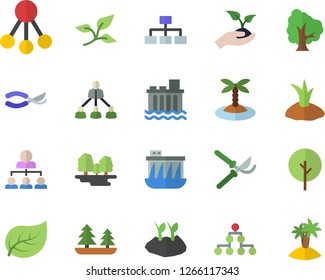 Color flat icon set tree flat vector, secateurs, seedlings, planting plants, leaf, forest, hydroelectric power station, hierarchy, classification, island fector