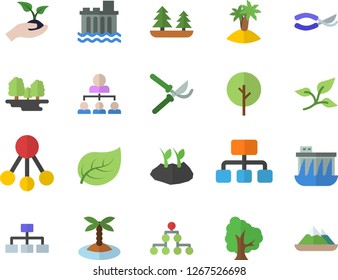 Color flat icon set tree flat vector, secateurs, seedlings, planting plants, leaf, forest, hydroelectric power station, hierarchy, classification, island fector, mountains