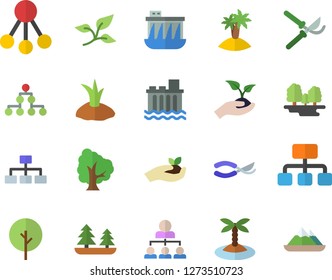 Color flat icon set tree flat vector, secateurs, seedlings, planting plants, leaf, forest, hydroelectric power station, hierarchy, classification, island fector, mountains