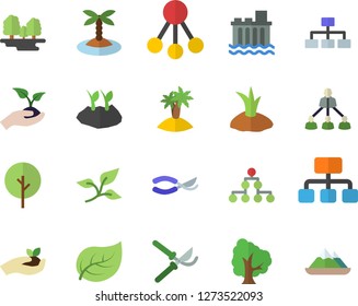 Color flat icon set tree flat vector, secateurs, seedlings, planting plants, leaf, forest, hydroelectric power station, hierarchy, classification, island fector, mountains