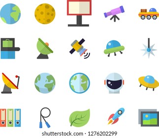 Color flat icon set tree leaf flat vector, earth, satellite antenna, laser, billboard, rocket, moon, satellit, lunar rover, ufo, telescope, folders for papers, astronaut helmet fector, skipping rope