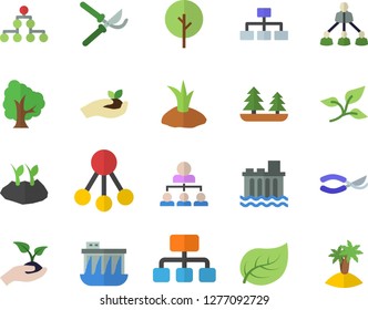 Color flat icon set tree flat vector, secateurs, seedlings, planting plants, leaf, forest, hydroelectric power station, hierarchy, classification, island fector