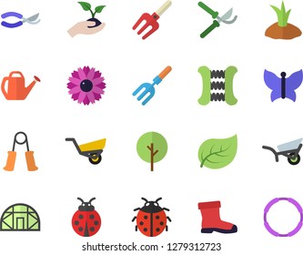 Color flat icon set tree flat vector, flower, ladybird, pitchfork, secateurs, seedlings, watering can, planting plants, garden wheelbarrow, gumboots, butterflies, greenhouse, leaf, carpal expander