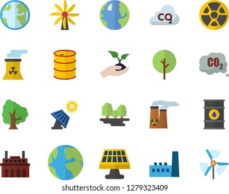 Color flat icon set tree flat vector, seedlings, solar battery, windmill, earth, oil tanks, forest, manufactory, plant, radiation, carbon dioxide, nuclear power