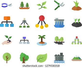 Color flat icon set tree flat vector, secateurs, seedlings, planting plants, leaf, forest, hydroelectric power station, hierarchy, classification, island fector, mountains