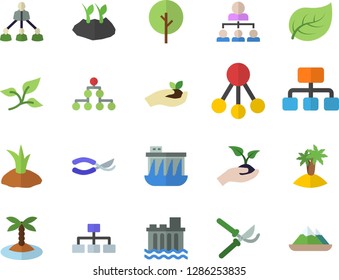 Color flat icon set tree flat vector, secateurs, seedlings, planting plants, leaf, hydroelectric power station, hierarchy, classification, island fector, mountains