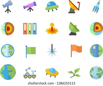 Color flat icon set tree leaf flat vector, earth, satellite antenna, laser, flag, rocket, lunar rover, ufo, telescope, folders for papers, core of the fector