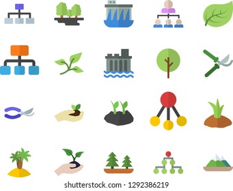 Color flat icon set tree flat vector, secateurs, seedlings, planting plants, leaf, forest, hydroelectric power station, hierarchy, classification, island fector, mountains
