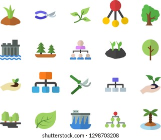 Color flat icon set tree flat vector, secateurs, seedlings, planting plants, leaf, forest, hydroelectric power station, hierarchy, classification, island fector