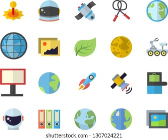 Color flat icon set tree leaf flat vector, earth, laser, billboard, rocket, moon, satellit, lunar rover, folders for papers, astronaut helmet fector, skipping rope, baggage claim, gallery