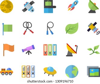 Color flat icon set tree leaf flat vector, satellite antenna, rocket, flag, moon, satellite, lunar rover, ufo, telescope, folders for papers, skipping rope, earth fector, baggage claim, gallery