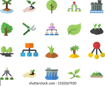 Color flat icon set tree flat vector, secateurs, seedlings, planting plants, leaf, forest, hydroelectric power station, hierarchy, classification, island fector, mountains