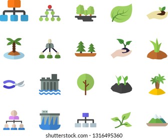 Color flat icon set tree flat vector, secateurs, seedlings, planting plants, leaf, forest, hydroelectric power station, hierarchy, classification, island fector, mountains