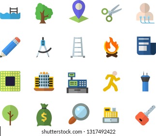 Color flat icon set tree flat vector, ladder, bonfire, dividers, magnifier, location, wealth, news, cash machine, diagnostics, pencil, cpu, run, pool, airport tower fector, hotel, scissors, key