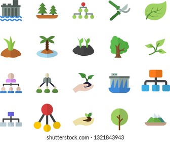 Color flat icon set tree flat vector, secateurs, seedlings, planting plants, leaf, forest, hydroelectric power station, hierarchy, classification, island fector, mountains
