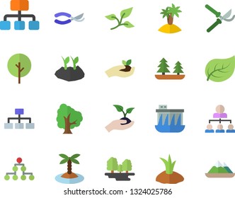 Color flat icon set tree flat vector, secateurs, seedlings, planting plants, leaf, forest, hydroelectric power station, hierarchy, classification, island fector, mountains