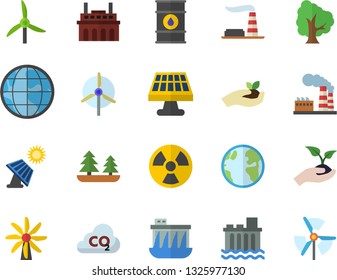 Color flat icon set tree flat vector, seedlings, solar battery, windmill, earth, factory, oil tanks, forest, hydroelectric power station, plant, radiation, carbon dioxide