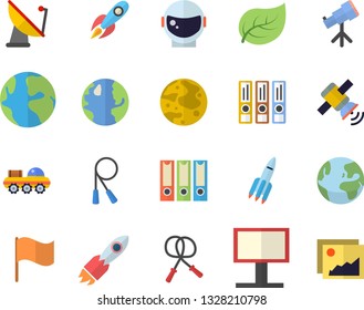 Color flat icon set tree leaf flat vector, earth, satellite antenna, billboard, rocket, flag, moon, satellit, lunar rover, telescope, folders for papers, astronaut helmet fector, skipping rope