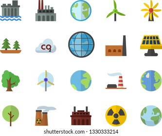 Color flat icon set tree flat vector, solar battery, windmill, earth, factory, forest, hydroelectric power station, manufactory, plant, radiation, carbon dioxide, nuclear, fector