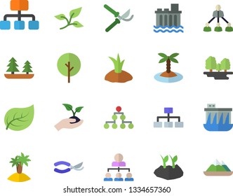 Color flat icon set tree flat vector, secateurs, seedlings, planting plants, leaf, forest, hydroelectric power station, hierarchy, classification, island fector, mountains