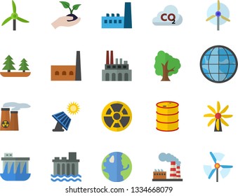 Color flat icon set tree flat vector, seedlings, solar battery, windmill, earth, factory, oil tanks, forest, hydroelectric power station, manufactory, plant, radiation, carbon dioxide, nuclear