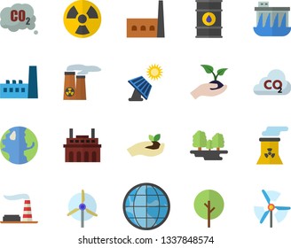 Color flat icon set tree flat vector, seedlings, solar battery, earth, factory, oil tanks, forest, hydroelectric power station, manufactory, plant, radiation, carbon dioxide, nuclear, windmill