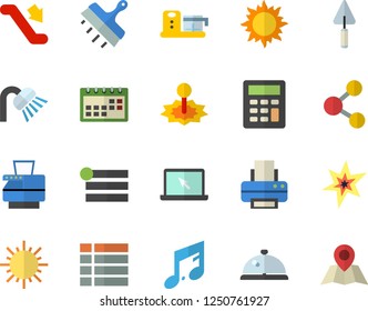 Color flat icon set trowel flat vector, shower, putty knife, food processor, sun, laser, calendar, calculator, printer, copy machine, laptop, spark, escalator fector, jingle, share, menu, note