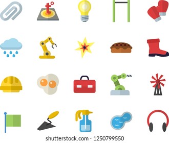Color flat icon set trowel flat vector, hard hat, warm floor, pie, scrambled eggs, windmill, pulverizer, gumboots, rain, pond, flag, briefcase, clip, spark, industrial robot, parallel bars, lamp