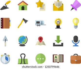Color flat icon set trowel flat vector, ax, trailer fector, house, download, binder clip, drawing pin, message, microphone, chat, favorites, lamp, book, notebook, stopwatch, location, globe