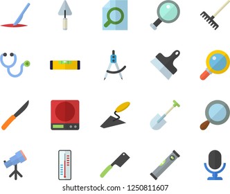 Color flat icon set trowel flat vector, level meter, putty knife, weighing machine, knives, thermometer, shovel, rake, dividers, stethoscope, scalpel, magnifier, telescope, microphone