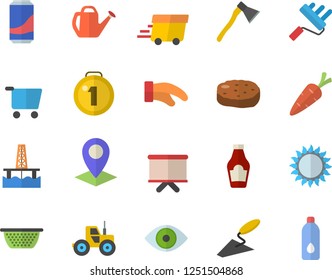 Color flat icon set trowel flat vector, paint roller, ax, colander, potholder, gas, ketchup, cutlet, lemonade, carrot, tractor, watering can, oil production platform, grocery trolley, location, eye
